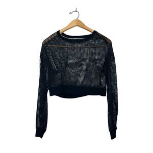 Womens or Unisex Sheer Cutout Mesh Long Sleeve‎ Crop Top Black Medium M